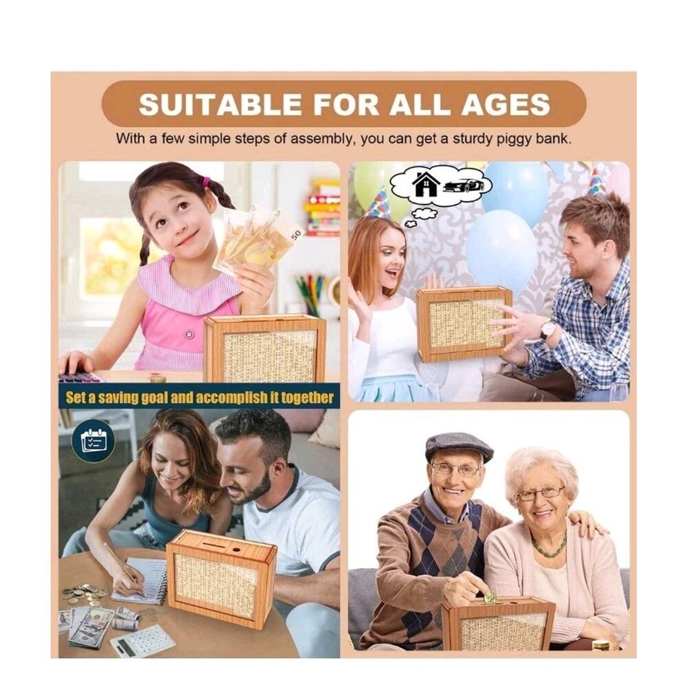 Piggy Bank for Adults Kids Wooden Money Bank Cash Vault Money Saving Box s1 - Picture 6 of 8